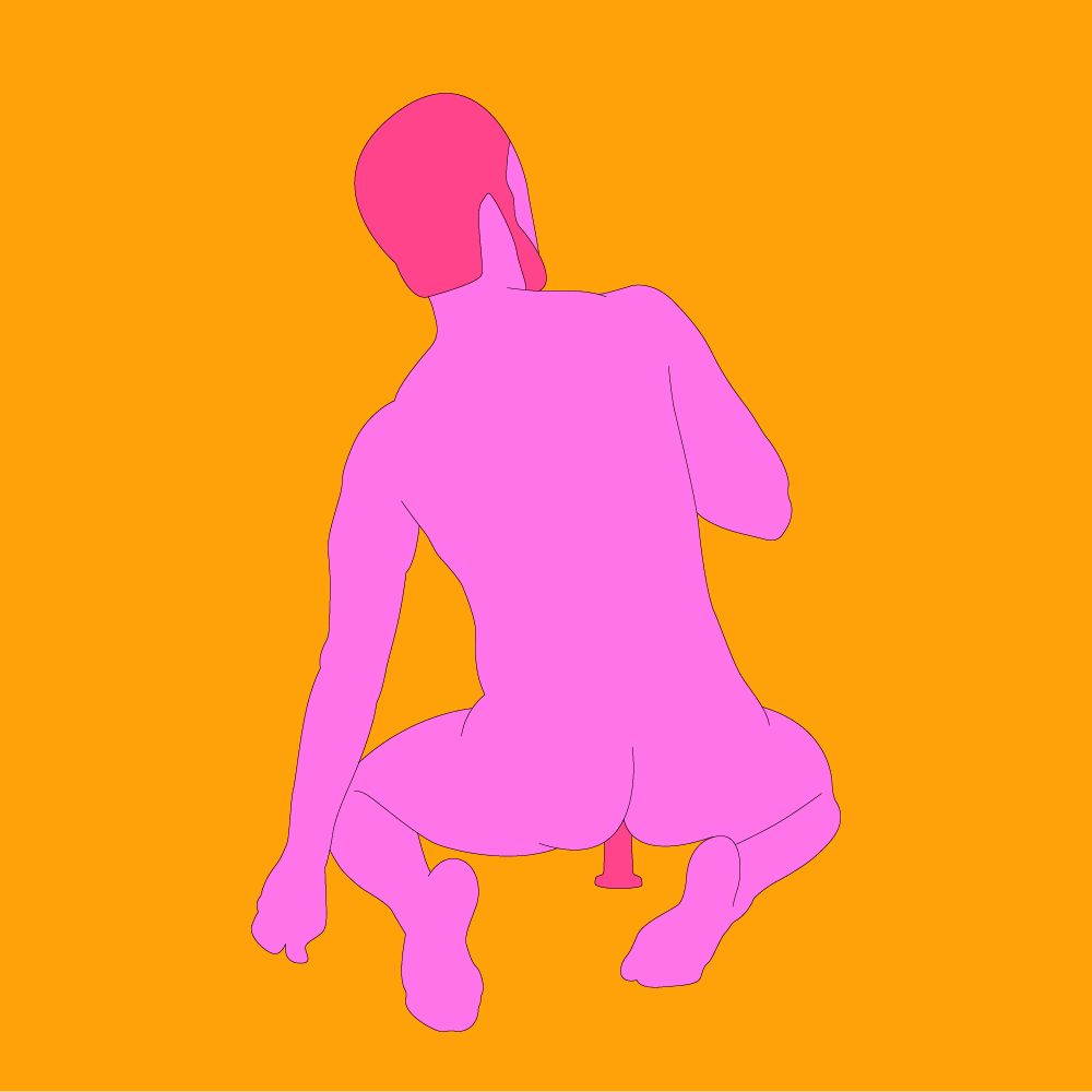 A naked illustrated man in a squatting position over a suction-cup dildo.